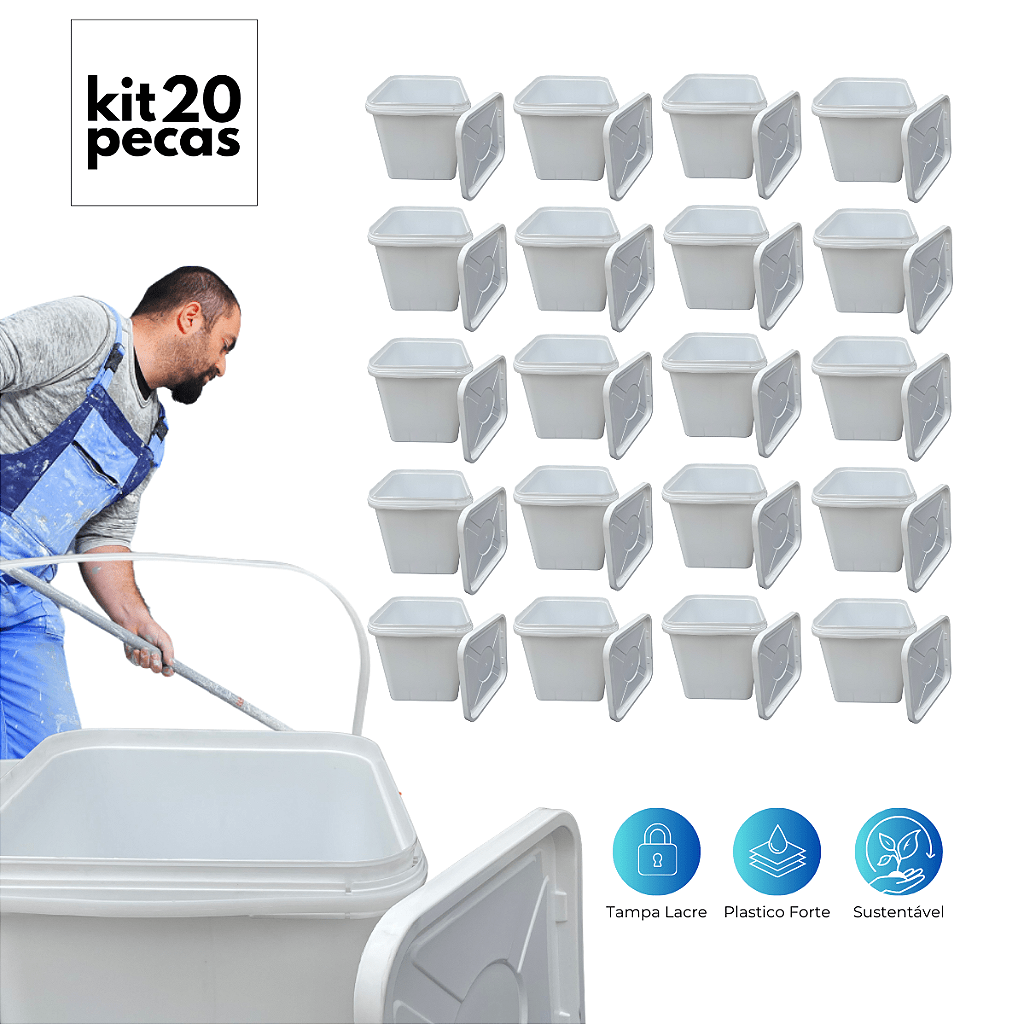 Balde com Tampa Lacre Retangular Sustentavel Branco 16L - 20 Peças - Nastripack Embalagens