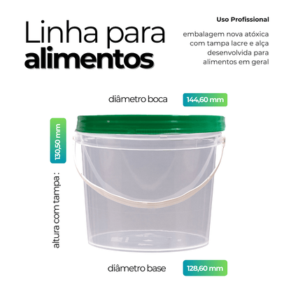 Balde com Tampa Lacre Verde Transparente 1.8L Atóxico BPA FREE - Kit 200 Peças - Nastripack Embalagens