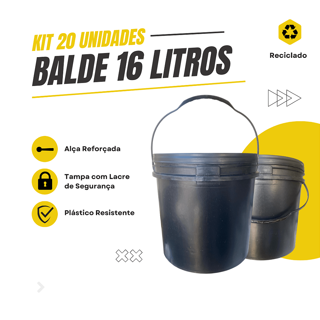 Balde com Tampa Novo 16 Litros Reciclado Preto - Kit 20 Peças - Nastripack Embalagens