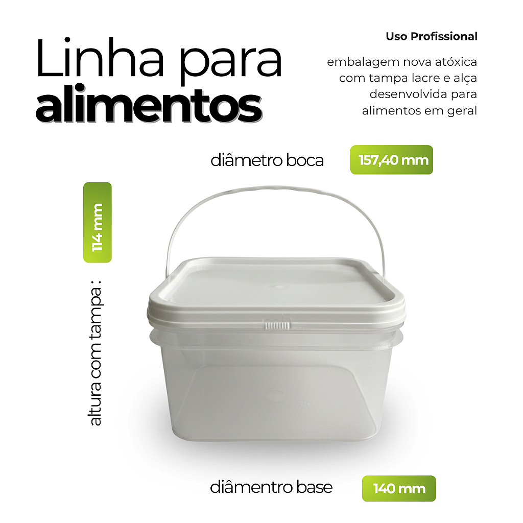 Balde com Tampa para Armazenar Alimentos 2.4L Retangular - 50 Und - Nastripack Embalagens