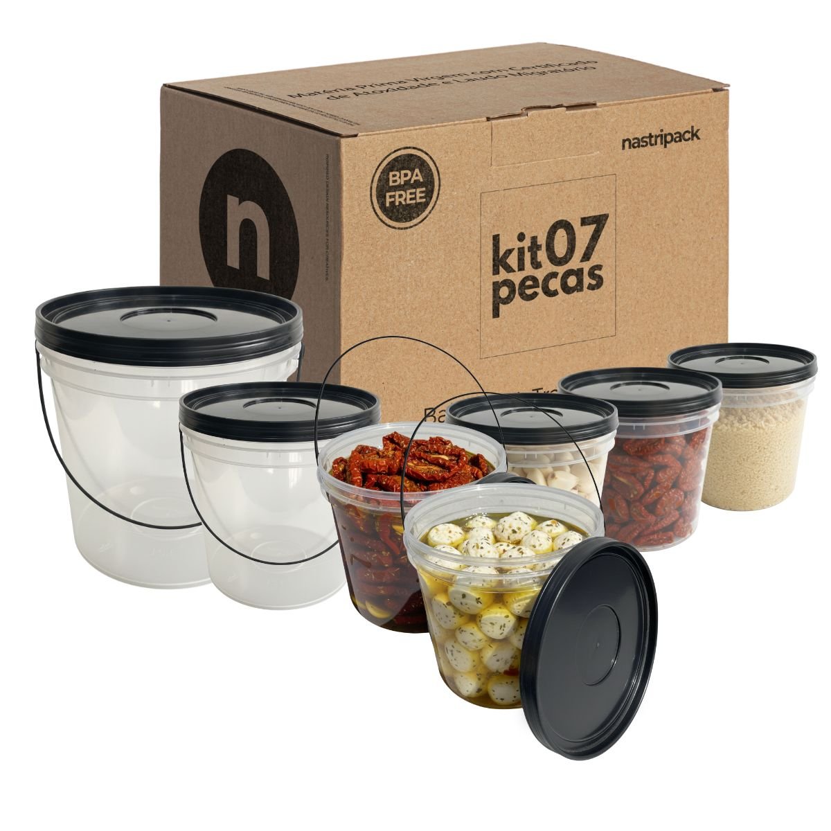 Balde com Tampa Preta Transparente 3.2L - Kit 07 Peças - Nastripack Embalagens