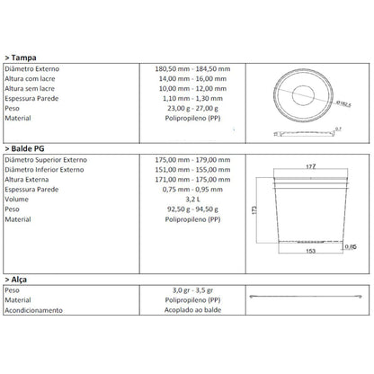 Balde com Tampa Preta Transparente 3.2L para Alimentos - Kit 100 Peças - Nastripack Embalagens
