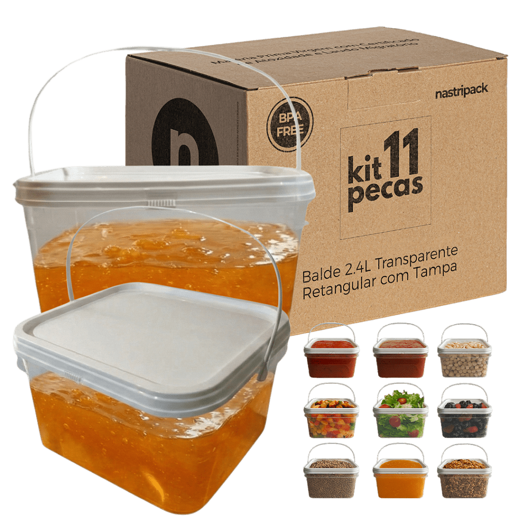 Balde com Tampa Retangular 2.4L para Armazenar Alimentos - 11 Peças - Nastripack Embalagens