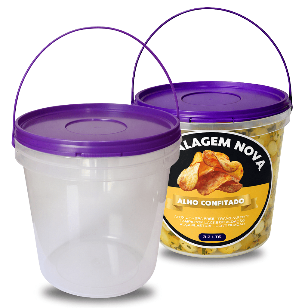 Balde com Tampa Roxa 3 Litros com Tampa Lacre e Alça Roxa - 02 Peças - Nastripack Embalagens