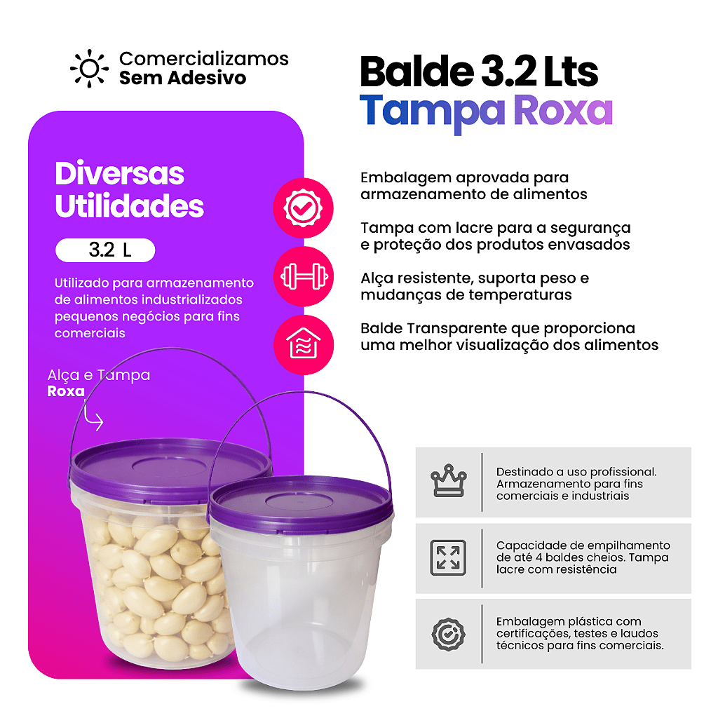 Balde com Tampa Roxa 3 Litros com Tampa Lacre e Alça Roxa - 02 Peças - Nastripack Embalagens