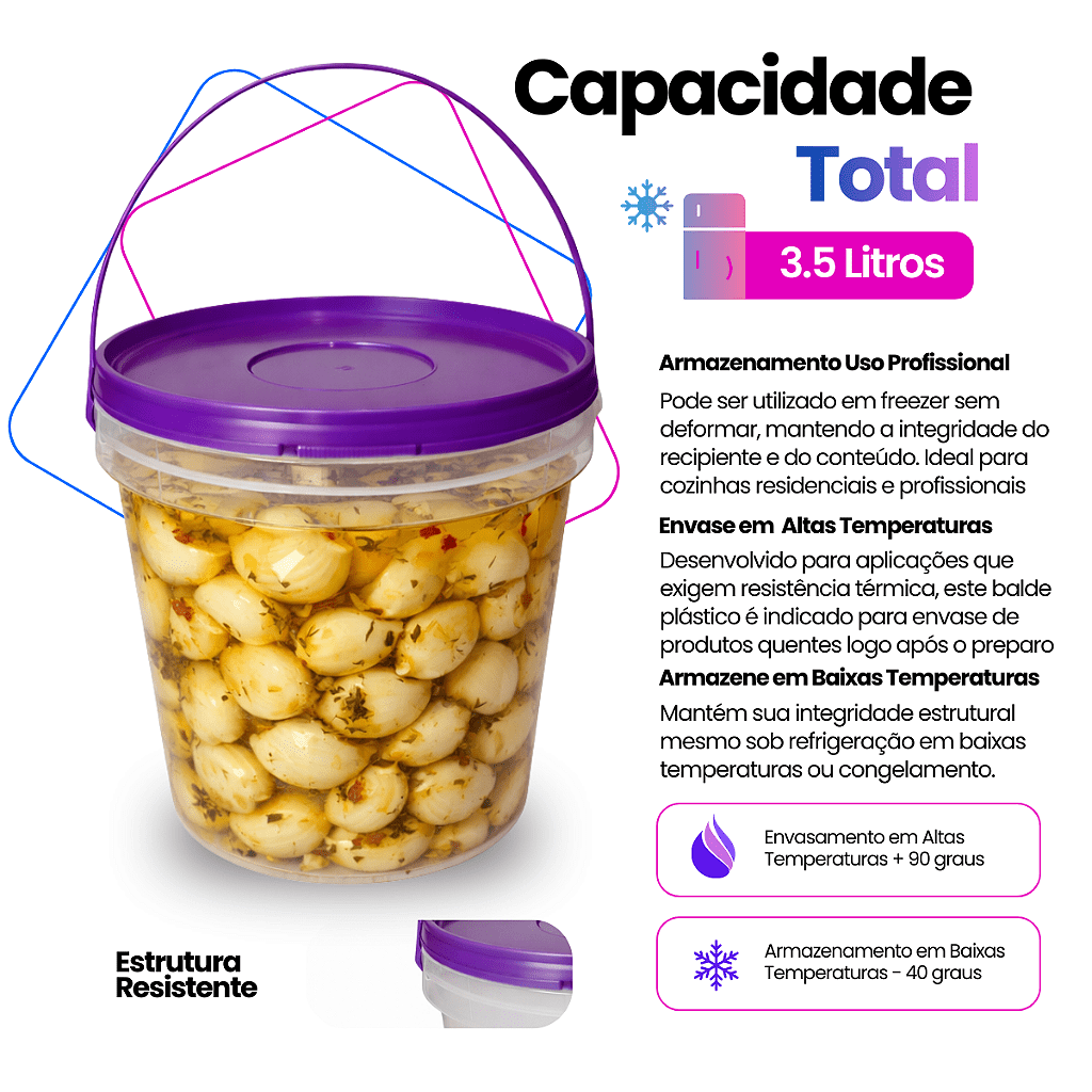 Balde com Tampa Roxa 3.2L Transparente Novo Atóxico BPA FREE - 10 Und - Nastripack Embalagens