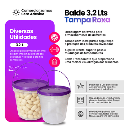 Balde com Tampa Roxa para Armazenar Alimentos - Kit 08 Peças - Nastripack Embalagens