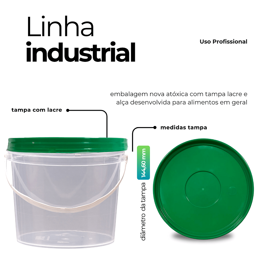 Balde com Tampa Verde 1.8L Tranparente Atóxico - Kit 12 Peças - Nastripack Embalagens