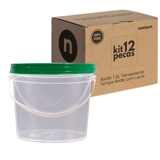 Balde com Tampa Verde 1.8L Tranparente Atóxico - Kit 12 Peças - Nastripack Embalagens
