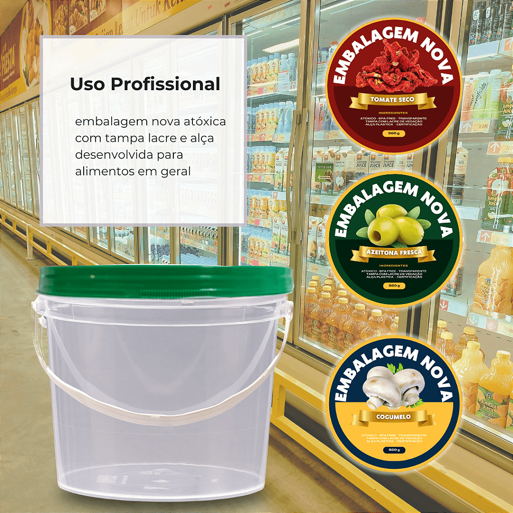 Balde com Tampa Verde de 1.8 Litros Nastripack - Kit 10 Peças - Nastripack Embalagens