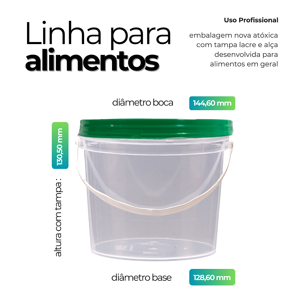 Balde com Tampa Verde Transparente 1.8 Litros - Kit 20 Peças - Nastripack Embalagens