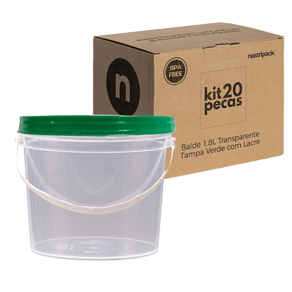 Balde com Tampa Verde Transparente 1.8 Litros - Kit 20 Peças - Nastripack Embalagens