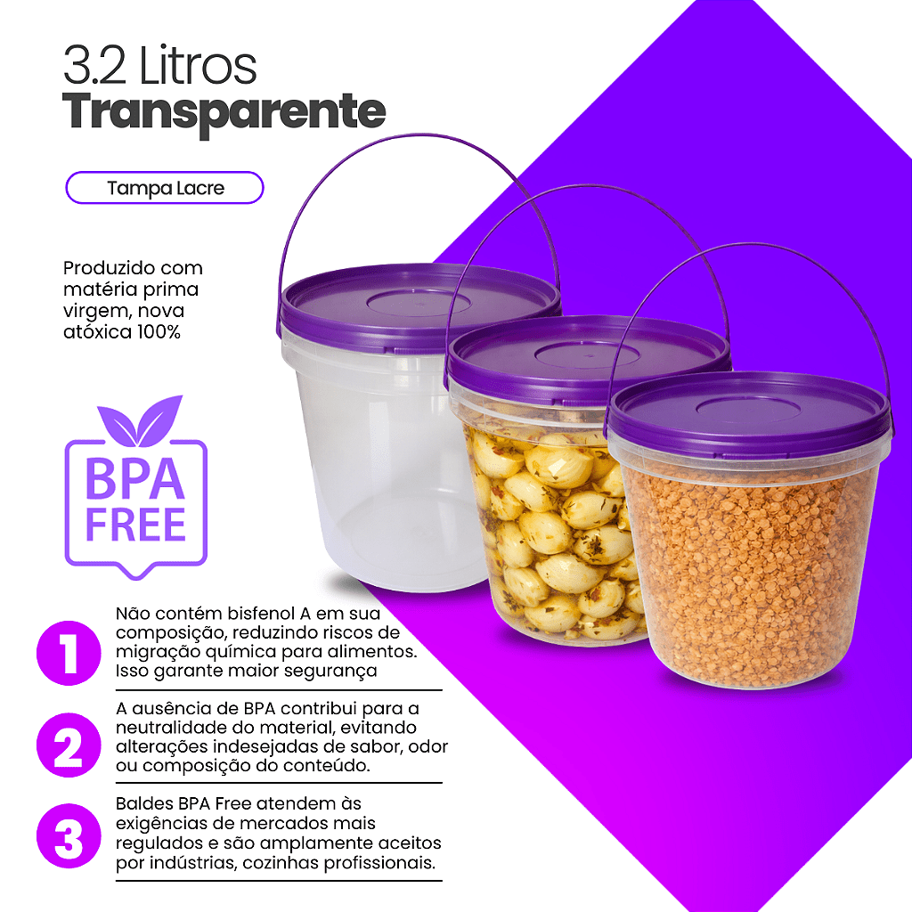 Balde para Alho Transparente com Tampa Roxa 3 Litros - 9 Und - Nastripack Embalagens