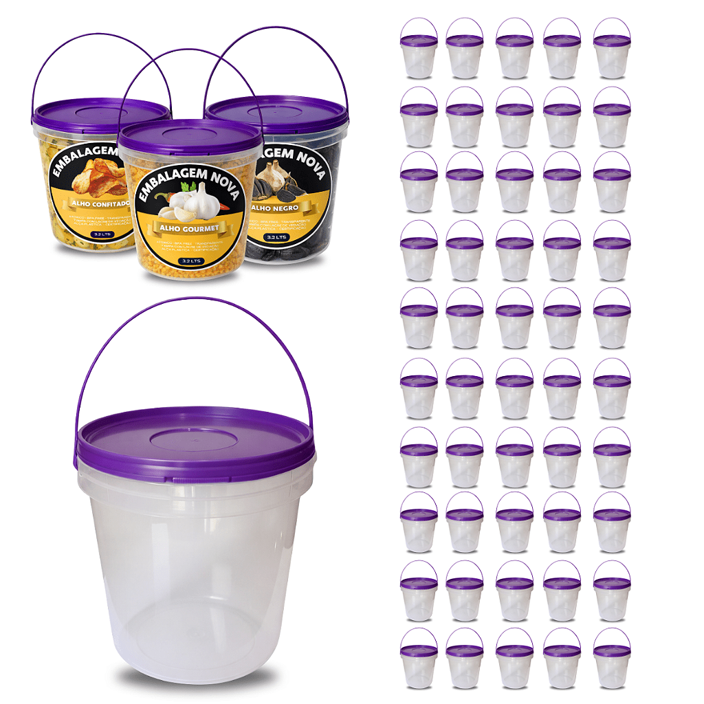 Balde para Alimento com Tampa Roxa 3.2L Transparente Atóxico - 50 Pçs - Nastripack Embalagens
