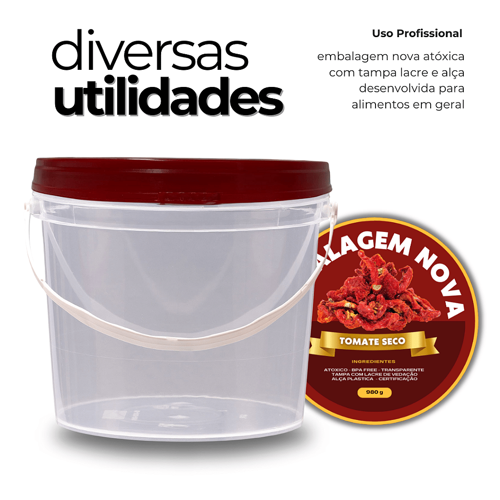 Balde para Alimento com Tampa Vermelha de 1.8 Litros - Kit 20 Peças - Nastripack Embalagens