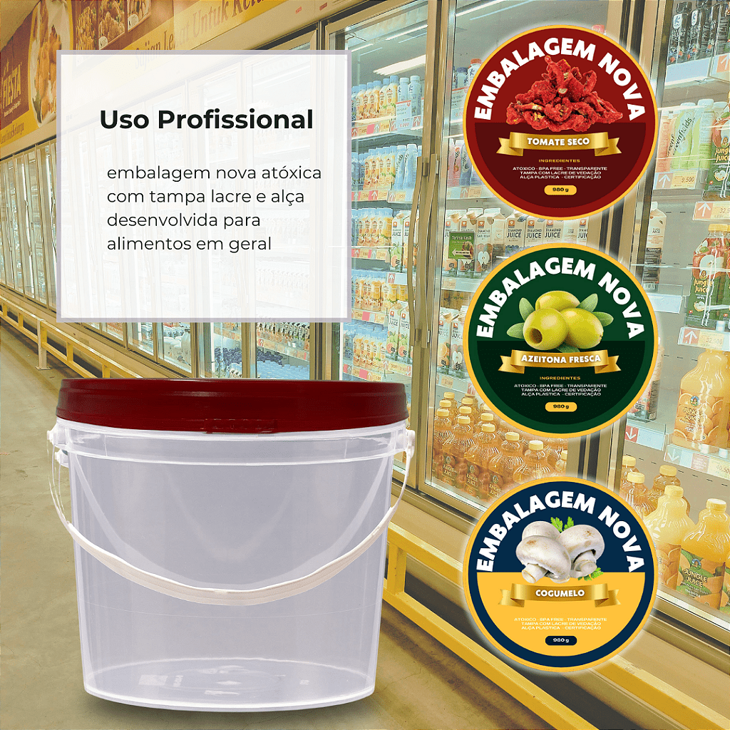 Balde para Alimento com Tampa Vermelha de 1.8 Litros - Kit 20 Peças - Nastripack Embalagens