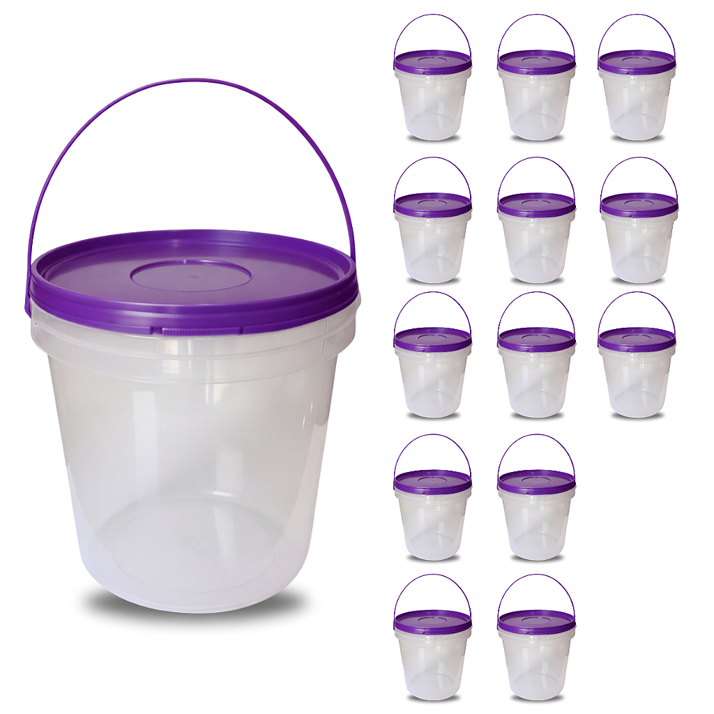 Balde Plástico 3,2L Transparente com Tampa Roxa e Alça – 13 Pcs - Nastripack Embalagens