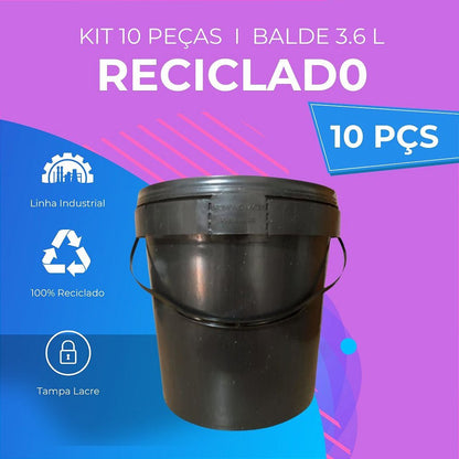 Balde Reciclado Preto 3.6 Litros com Tampa Lacre - Kit com 10 Peças - Nastripack Embalagens