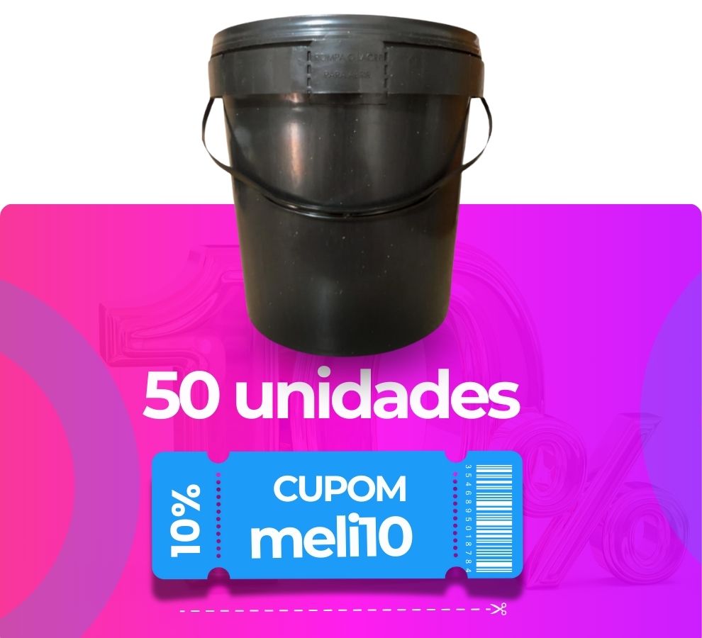 Balde Reciclado Preto 3.6 Litros com Tampa Lacre - Kit com 50 Peças - Nastripack Embalagens