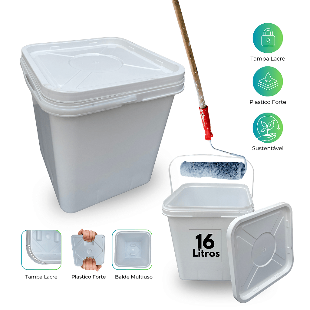 Balde Retangular Branco 16 Litros Reciclado com Tampa Lacre e Alça - Nastripack Embalagens