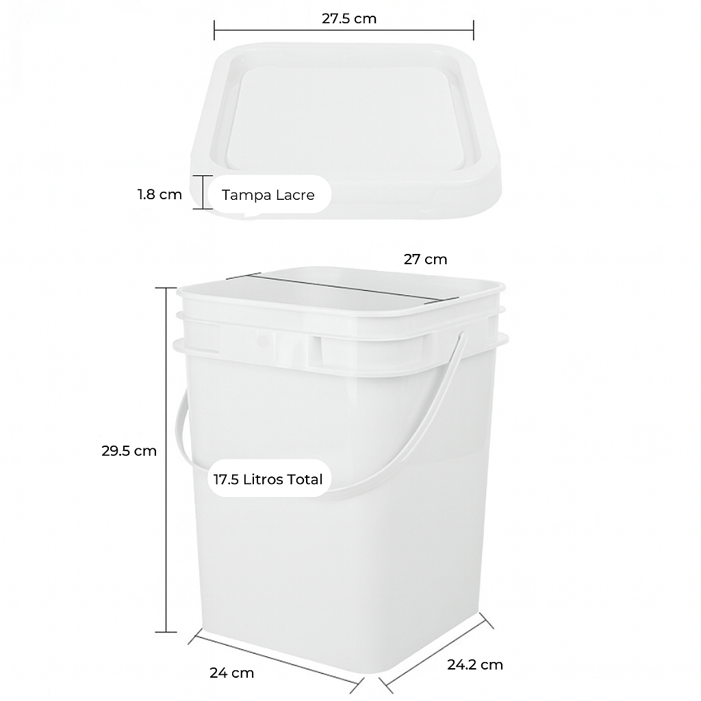 Balde Retangular com Tampa Lacre 16 Litros Branco Reciclado - 07 Unid - Nastripack Embalagens