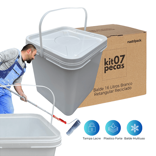 Balde Retangular com Tampa Lacre 16 Litros Branco Reciclado - 07 Unid - Nastripack Embalagens