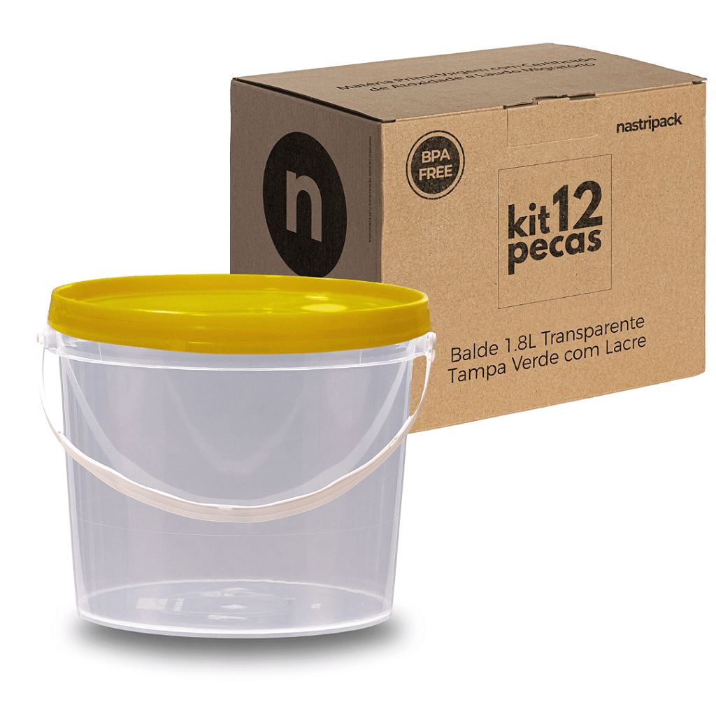 Balde Transparente com Tampa Amarela Atoxico Bpa Free 1.8L - Kit 12 Peças - Nastripack Embalagens