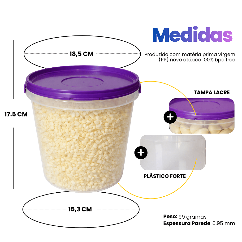 Balde Transparente com Tampa Roxa de 3 Litros - 5 Peças - Nastripack Embalagens