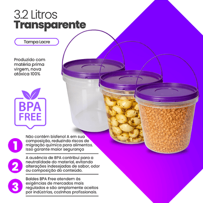 Balde Transparente com Tampa Roxa Lacre de 3.2 Litros - Nastripack Embalagens