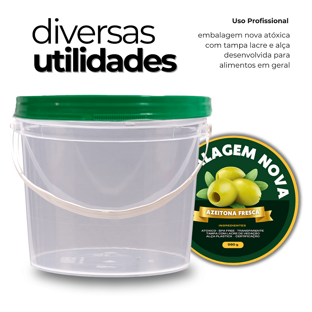 Balde Transparente com Tampa Verde 1.8 Litros - Kit 05 Peças - Nastripack Embalagens