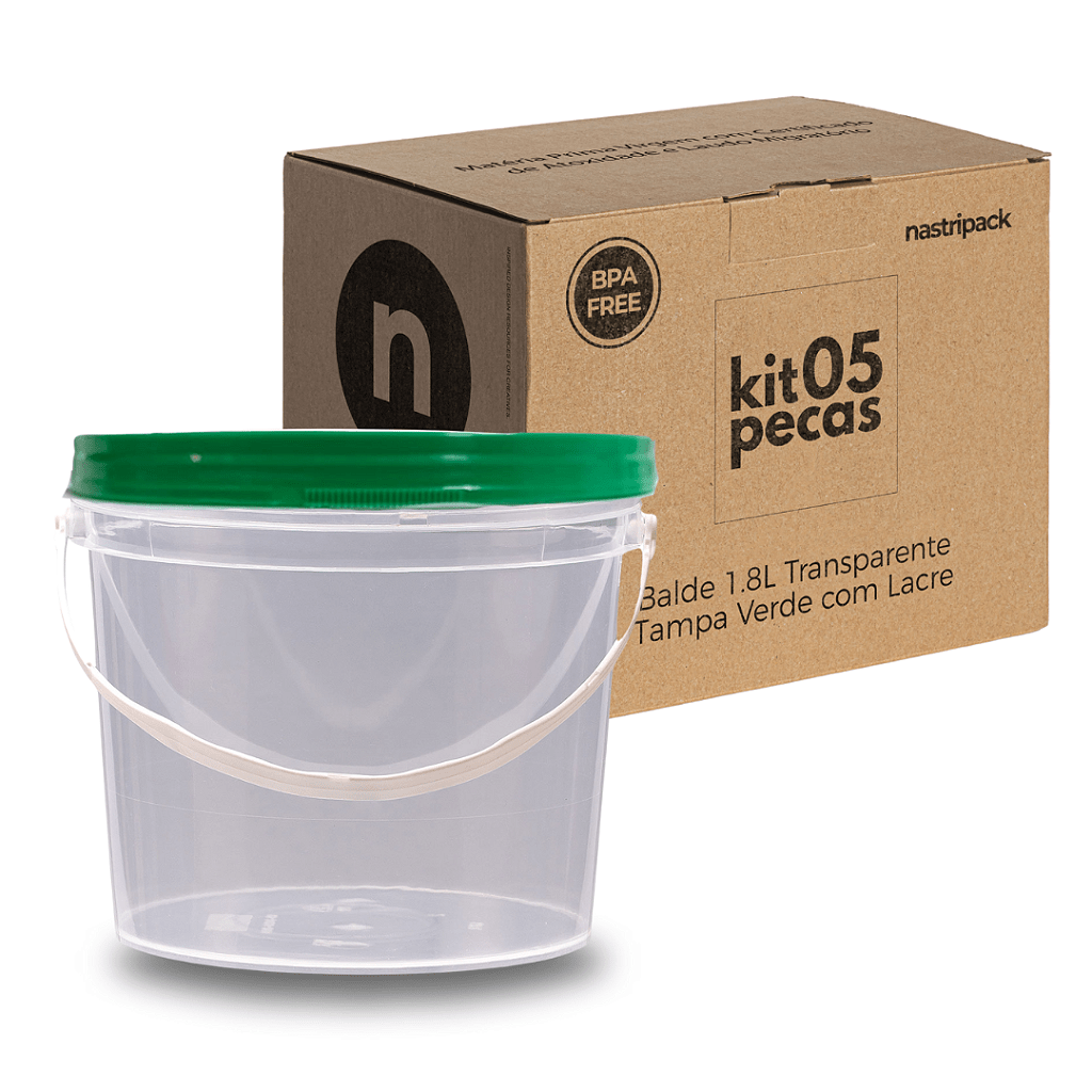 Balde Transparente com Tampa Verde 1.8 Litros - Kit 05 Peças - Nastripack Embalagens