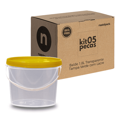 Baldinho com Tampa Amarela 1.8L Transparente Atoxico - Kit 05 Peças - Nastripack Embalagens