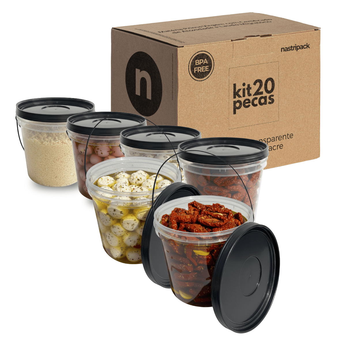 Baldinho com Tampa Preta Transparente 3.2L e Alça Preta - Kit 20 Peças - Nastripack Embalagens