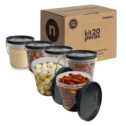 Baldinho com Tampa Preta Transparente 3.2L e Alça Preta - Kit 20 Peças - Nastripack Embalagens