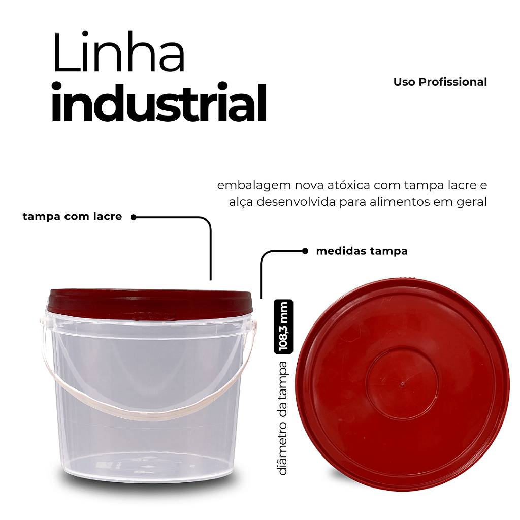Baldinho com Tampa Vermelha de 1.8 Litros Transparente Atóxico - Kit 15 Peças - Nastripack Embalagens