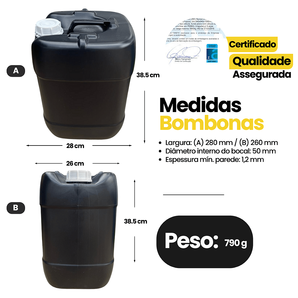 Galao 20l Preto com Tampa de Rosquear com Anel de Polixan - Kit 4 Peças - Nastripack Embalagens