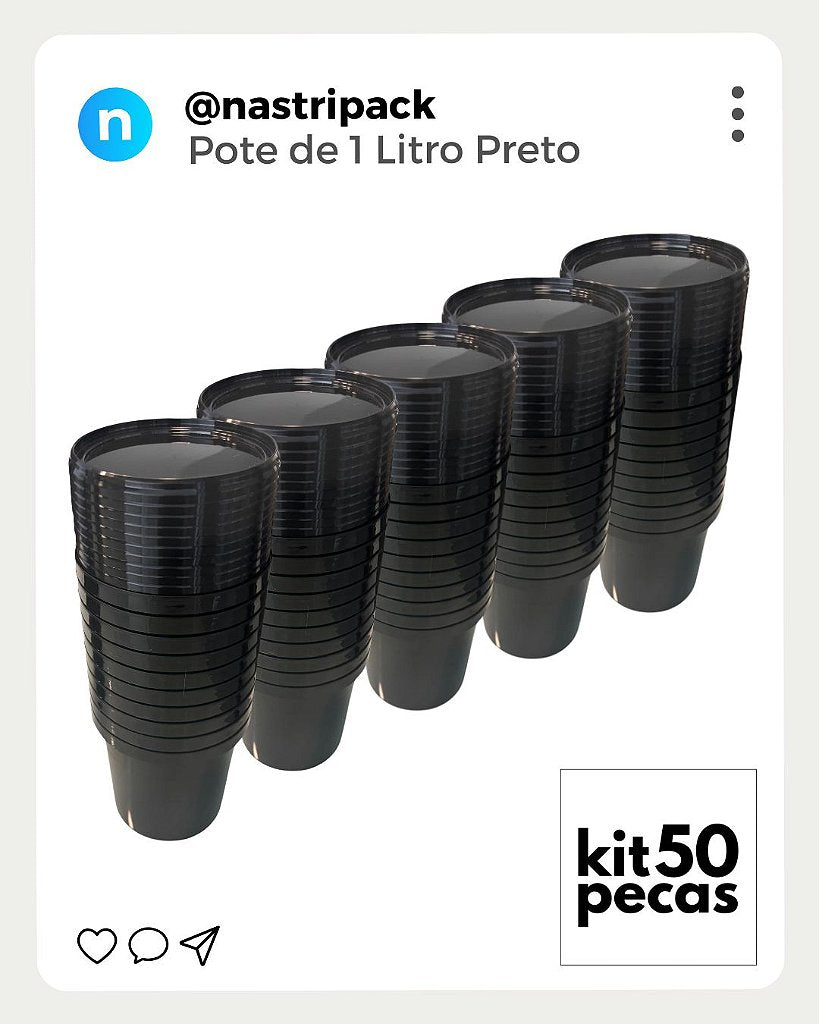 Pote 1 Litro Preto com Tampa Lacre Atóxico - Kit 50 Peças - Nastripack Embalagens