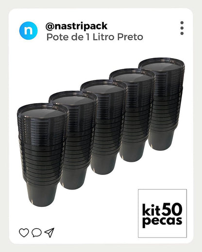 Pote 1 Litro Preto com Tampa Lacre Atóxico - Kit 50 Peças - Nastripack Embalagens