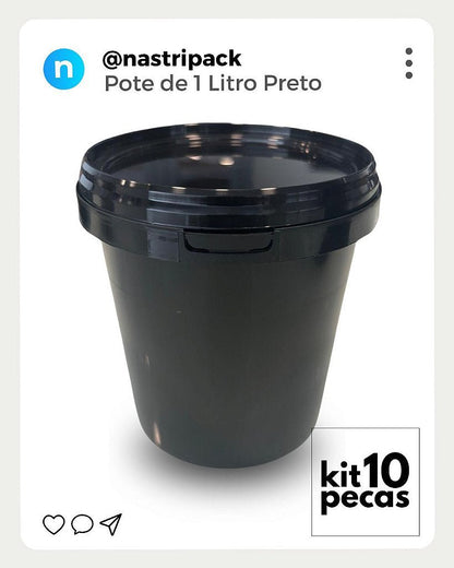 Pote 1 Litro Preto com Tampa Lacre Vedante - Kit 10 Peças - Nastripack Embalagens