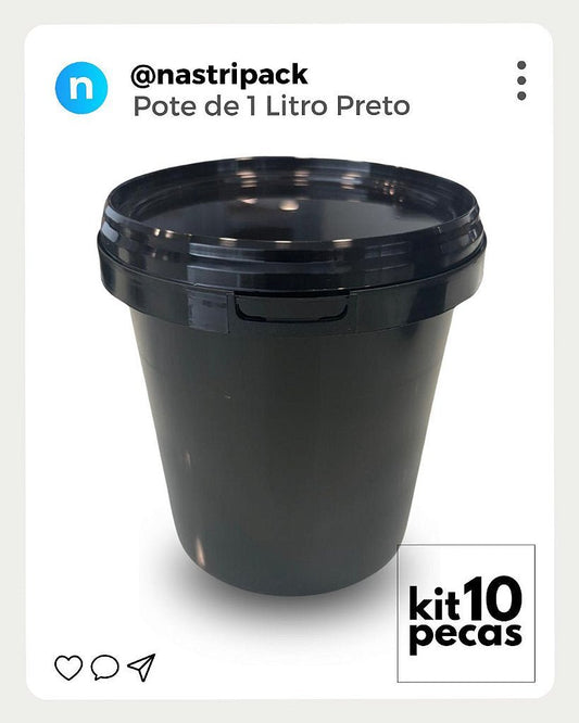 Pote 1 Litro Preto com Tampa Lacre Vedante - Kit 10 Peças - Nastripack Embalagens