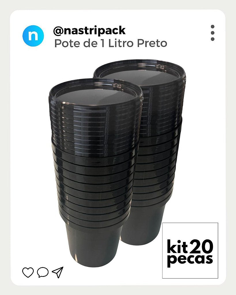 Pote 1 Litro Preto com Tampa Preta - Kit 20 Peças - Nastripack Embalagens