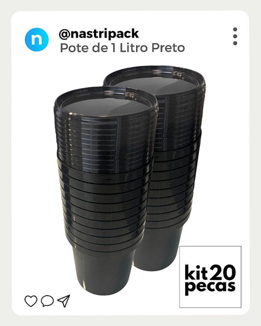 Pote 1 Litro Preto com Tampa Preta - Kit 20 Peças - Nastripack Embalagens