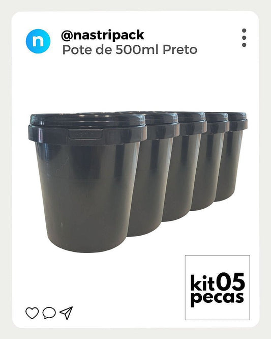 Pote 500ml Preto c/ Tampa Lacre Atóxico Bpa Free - Kit 05 Pçs - Nastripack Embalagens