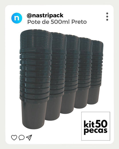 Pote para Alimento com Tampa de 500ml Preto - Kit com 50 Peças - Nastripack Embalagens