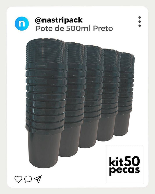Pote para Alimento com Tampa de 500ml Preto - Kit com 50 Peças - Nastripack Embalagens