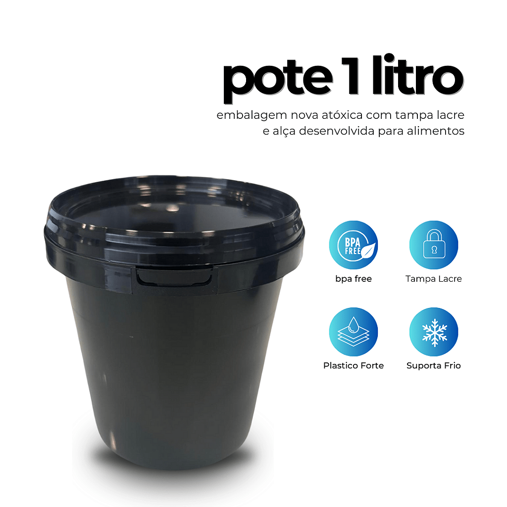 Pote Preto 1L Tampa Lacre Atóxico BPA FREE - Kit 250 Pçs - Nastripack Embalagens