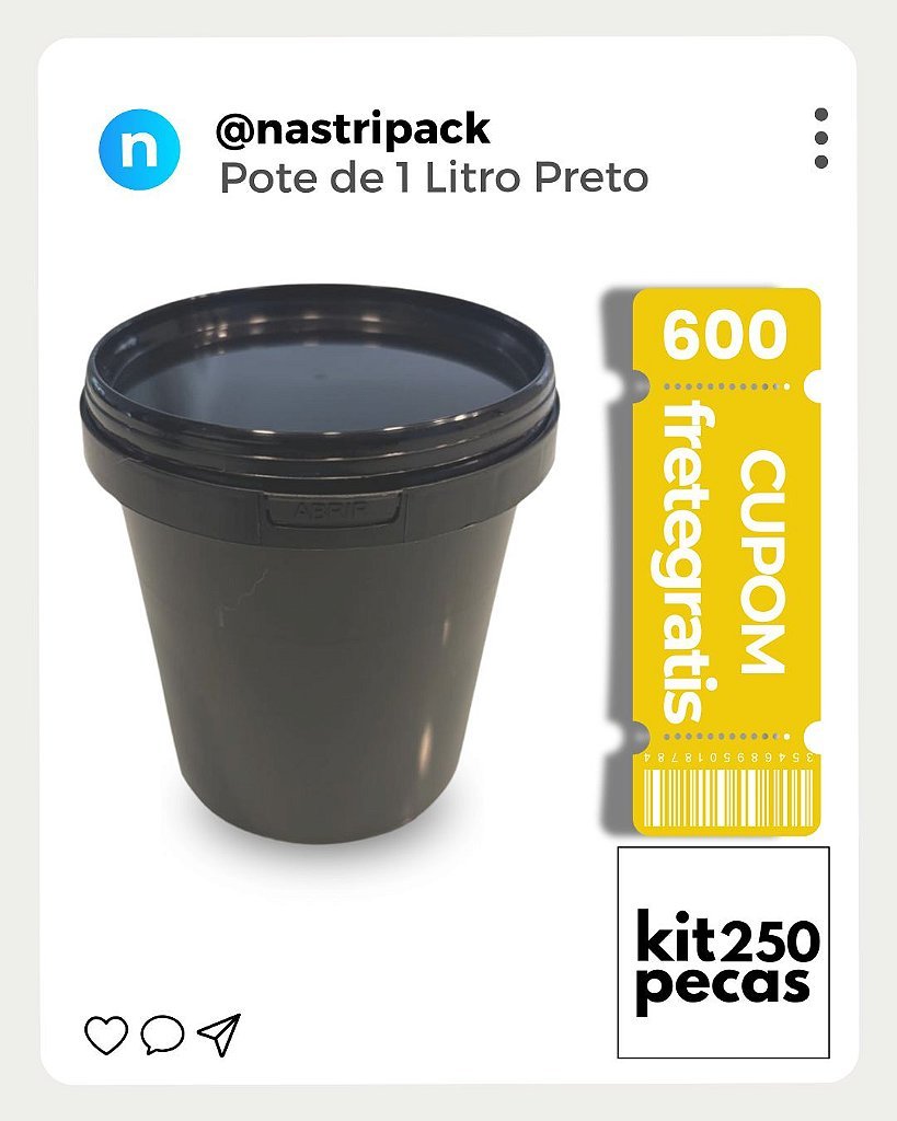 Pote Preto 1L Tampa Lacre Atóxico BPA FREE - Kit 250 Pçs - Nastripack Embalagens