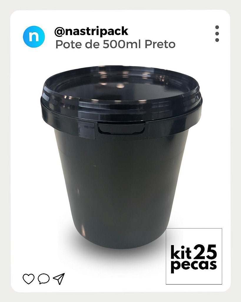 Pote Preto 500ml com Tampa Lacre Novo Atóxico - Kit com 25 Peças - Nastripack Embalagens
